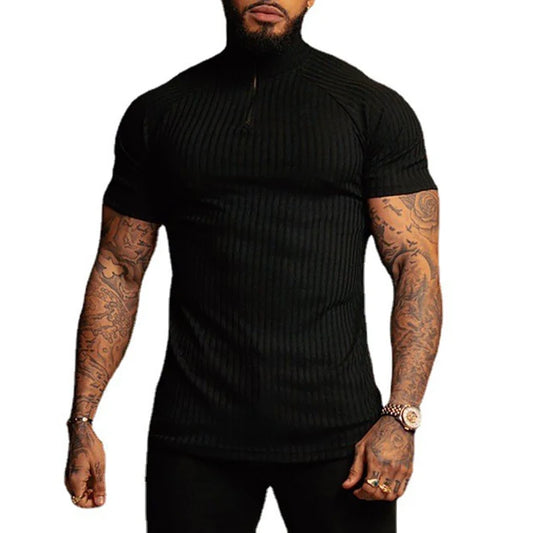 Muscleguys - Stand Collar Knitted Short Sleeve Polo